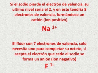Si el sodio pierde el electrón de valencia, su
ultimo nivel seria el 2, y en este tendría 8
electrones de valencia, formándose un
catión (ion positivo)

Na

1+

El flúor con 7 electrones de valencia, solo
necesita uno para completar su octeto, si
acepta el electrón que cede el sodio se
forma un anión (ion negativo)

F

1-

 