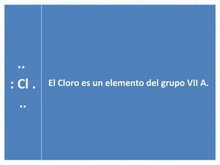.

..
: Cl .
..

El Cloro es un elemento del grupo VII A.

 