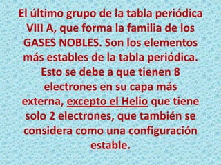 El último grupo de la tabla periódica
VIII A, que forma la familia de los
GASES NOBLES. Son los elementos
más estables de la tabla periódica.
Esto se debe a que tienen 8
electrones en su capa más
externa, excepto el Helio que tiene
solo 2 electrones, que también se
considera como una configuración
estable.

 