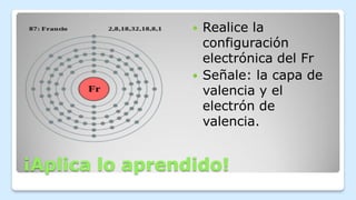 ¡Aplica lo aprendido!
 Realice la
configuración
electrónica del Fr
 Señale: la capa de
valencia y el
electrón de
valencia.
 