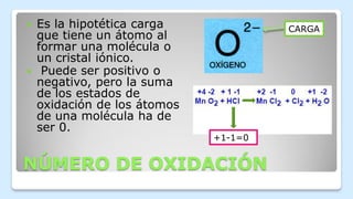 NÚMERO DE OXIDACIÓN
 Es la hipotética carga
que tiene un átomo al
formar una molécula o
un cristal iónico.
 Puede ser positivo o
negativo, pero la suma
de los estados de
oxidación de los átomos
de una molécula ha de
ser 0.
CARGA
+1-1=0
 
