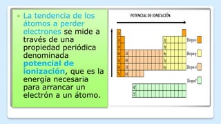  La tendencia de los
átomos a perder
electrones se mide a
través de una
propiedad periódica
denominada
potencial de
ionización, que es la
energía necesaria
para arrancar un
electrón a un átomo.
 