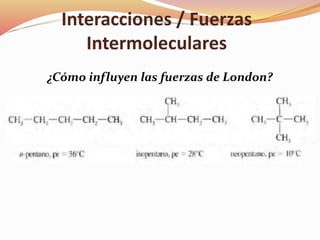 Interacciones / Fuerzas
Intermoleculares
¿Cómo influyen las fuerzas de London?
 