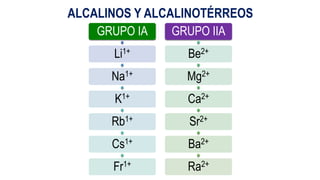 ALCALINOS Y ALCALINOTÉRREOS
GRUPO IA
Li1+
Na1+
K1+
Rb1+
Cs1+
Fr1+
GRUPO IIA
Be2+
Mg2+
Ca2+
Sr2+
Ba2+
Ra2+
 