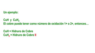 Un ejemplo:
CuH y CuH2
El cobre puede tener como número de oxidación 1+ o 2+, entonces…
CuH = Hidruro de Cobre
CuH2 = Hidruro de Cobre II
 