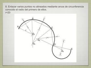 8. Enlazar varios puntos no alineados mediante arcos de circunferencia
conocido el radio del primero de ellos.
r=20
 