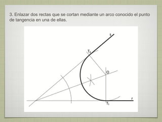 3. Enlazar dos rectas que se cortan mediante un arco conocido el punto
de tangencia en una de ellas.
 