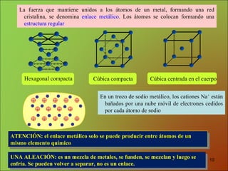 La fuerza que mantiene unidos a los átomos de un metal, formando una red cristalina, se denomina  enlace metálico . Los átomos se colocan formando una  estructura regular En un trozo de sodio metálico, los cationes Na +  están bañados por una nube móvil de electrones cedidos por cada átomo de sodio ATENCIÓN: el enlace metálico solo se puede producir entre átomos de un mismo elemento químico UNA ALEACIÓN: es un mezcla de metales, se funden, se mezclan y luego se enfría. Se pueden volver a separar, no es un enlace. Hexagonal compacta Cúbica compacta Cúbica centrada en el cuerpo + + + + + + + + + + + + + + 