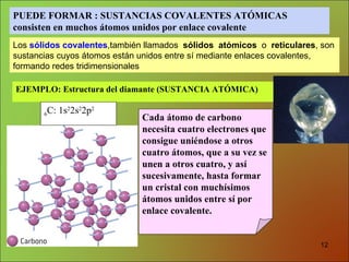 Cada átomo de carbono necesita cuatro electrones que consigue uniéndose a otros cuatro átomos, que a su vez se unen a otros cuatro, y así sucesivamente, hasta formar un cristal con muchísimos átomos unidos entre sí por enlace covalente. EJEMPLO: Estructura del diamante   (SUSTANCIA ATÓMICA) 6 C: 1s 2 2s 2 2p 2 PUEDE FORMAR : SUSTANCIAS COVALENTES ATÓMICAS consisten en muchos átomos unidos por enlace covalente Los  sólidos covalentes ,también llamados  sólidos  atómicos  o  reticulares , son sustancias cuyos átomos están unidos entre sí mediante enlaces covalentes, formando redes tridimensionales   