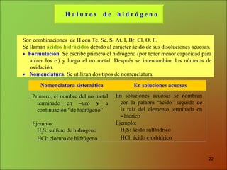 Son combinaciones  de H con Te, Se, S, At, I, Br, Cl, O, F.  Se  llaman   ácidos hidrácidos  debido al carácter ácido de sus disoluciones acuosas.     Formulación .  Se escribe  primero  el hidrógeno ( por tener  meno r  capacidad para atraer los  e - ) y luego el no metal.  Después  se intercambian los números de oxidación.      Nomenclatura .  Se utilizan dos tipos de nomenclatura: Primero, el nombre del no metal terminado en   uro  y  a continuación “de hidrógeno” Ejemplo:   H 2 S: sulfuro de hidrógeno  HCl: cloruro de hidrógeno En soluciones acuosas se nombran con la palabra “ácido”   seguido de la raíz del elemento terminada en   hídrico   Ejemplo:   H 2 S: ácido sulfhídrico HCl: ácido clorhídrico H a l u r o s  d e  h i d r ó g e n o Nomenclatura sistemática En soluciones acuosas 