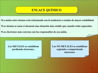 La unión entre átomos está relacionada con la tendencia a estados de mayor estabilidad. Los átomos se unen si alcanzan una situación más estable que cuando están separados. Los electrones más externos son los responsables de esa unión. ENLACE QUÍMICO Los METALES se estabilizan perdiendo electrones . Los NO METALES se estabilizan cogiendo o compartiendo electrones . 