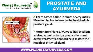 WWW.PLANETAYURVEDA.COM
PROSTATE AND
AYURVEDA
There comes a time in almost every man’s
life when he has to look to the health of his
prostate gland.
Fortunately Planet Ayurveda has excellent
advice, as well as herbal preparations and
detox treatments, that can help restore the
health of this vital gland.
 