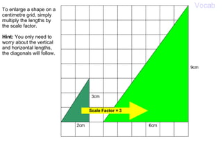 To enlarge a shape on a centimetre grid, simply multiply the lengths by the scale factor.  Hint:  You only need to worry about the vertical and horizontal lengths, the diagonals will follow. 6cm 9cm Vocab 2cm 3cm Scale Factor = 3 