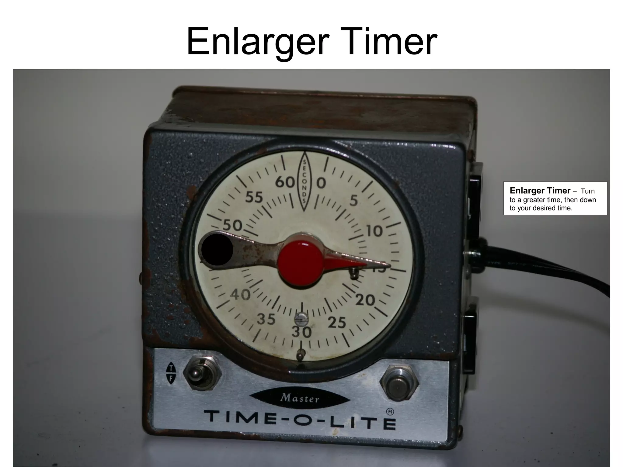 The parts of…

Enlarger Timer –

Turn
to a greater time, then down
to your desired time.

 