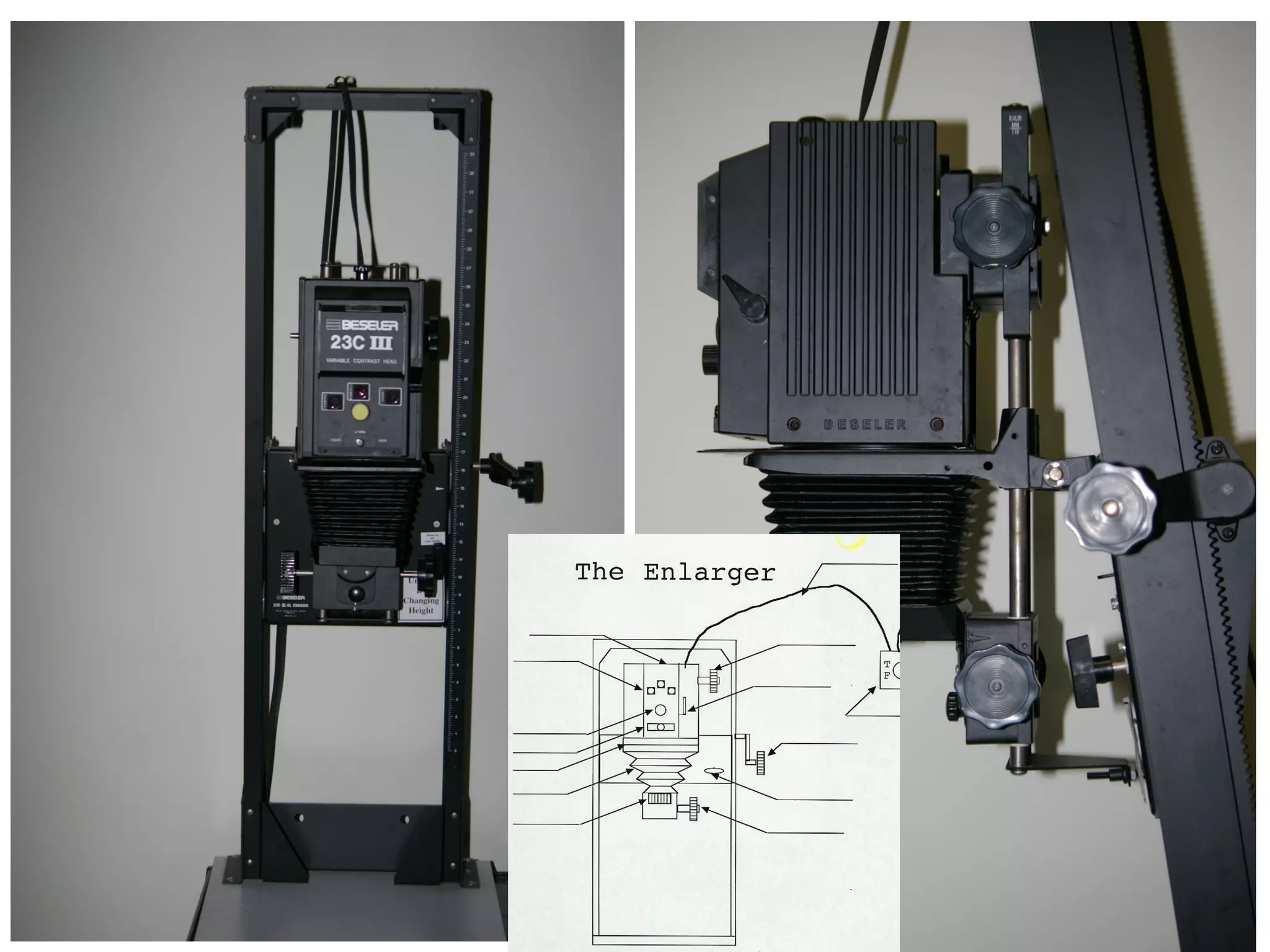 • The enlarger is used to
project light onto light
sensitive photo paper.
– 1st Project, we use the enlarger
simply as a light source for
Photograms.
– 2nd Project: We use the darkroom
for the Pinhole Photos, but not the
enlarger.
– 3rd time in the darkroom you will
place Negatives directly onto the
paper to make little prints called a
“contact print”.
– Finally, when a negative is placed
INSIDE the enlarger, the images
are enlarged onto the paper in the
form of prints.

 