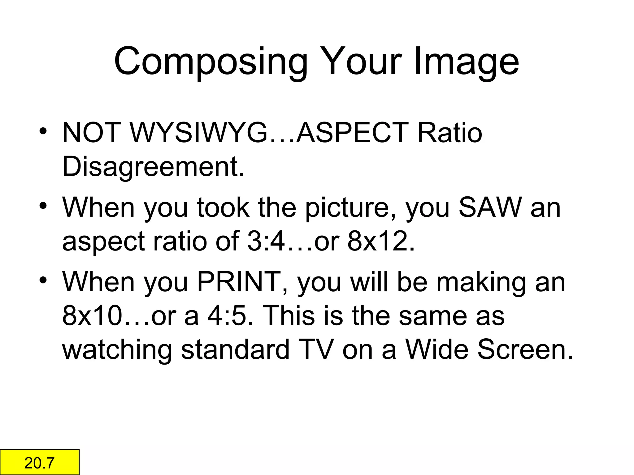 Focusing on the Grain
• Don’t avoid the
light…the grain
is IN the light.
• Unless you just
happen to see
apart of an
image, you will
only see the
grain.

 