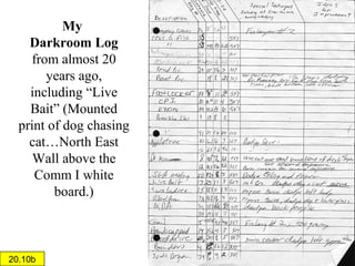Darkroom log
• Be sure to
record
your name
• And at
least the
exposure
time so
you can
start from
where you
left off the
next day.

20.10a

 