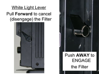 The parts of…

White Light Lever –
aka Filter Lever (On/Off). Pull
TOWARD you to turn off.

 