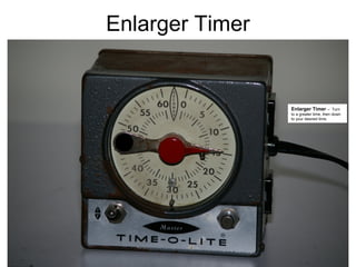 The parts of…

Enlarger Timer –

Turn
to a greater time, then down
to your desired time.

 