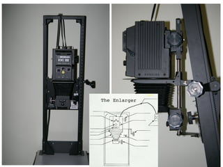• The enlarger is used to
project light onto light
sensitive photo paper.
– 1st Project, we use the enlarger
simply as a light source for
Photograms.
– 2nd Project: We use the darkroom
for the Pinhole Photos, but not the
enlarger.
– 3rd time in the darkroom you will
place Negatives directly onto the
paper to make little prints called a
“contact print”.
– Finally, when a negative is placed
INSIDE the enlarger, the images
are enlarged onto the paper in the
form of prints.

 