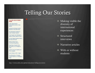 Telling Our Stories
                             The image cannot be displayed. Your computer may not have enough memory to open the image, or the image may have
                             been corrupted. Restart your computer, and then open the ﬁle again. If the red x still appears, you may have to delete the
                             image and then insert it again.



                                                                                                                                                          !   Making visible the
                                                                                                                                                              diversity of
                                                                                                                                                              international
                                                                                                                                                              experiences

                                                                                                                                                          !   Structured
                                                                                                                                                              interviews

                                                                                                                                                          !   Narrative articles

                                                                                                                                                          !   With or without
                                                                                                                                                              students


http://www.catlin.edu/global-education/telling-our-stories
 