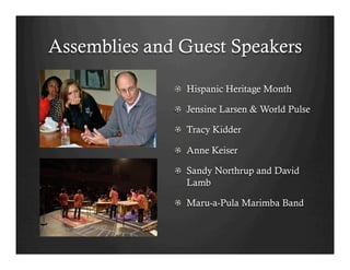 Assemblies and Guest Speakers

              !   Hispanic Heritage Month

              ! Jensine Larsen & World Pulse

              !   Tracy Kidder

              !   Anne Keiser

              !   Sandy Northrup and David
                  Lamb

              ! Maru-a-Pula Marimba Band
 