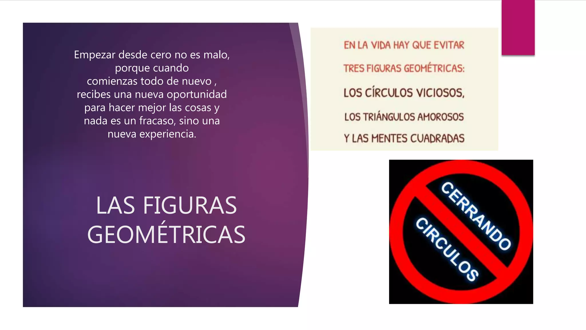 LAS FIGURAS
GEOMÉTRICAS
Empezar desde cero no es malo,
porque cuando
comienzas todo de nuevo ,
recibes una nueva oportunidad
para hacer mejor las cosas y
nada es un fracaso, sino una
nueva experiencia.
 