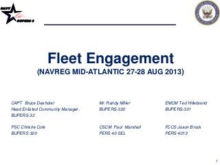 NAVY
BUPERS 3
1
Fleet Engagement
(NAVREG MID-ATLANTIC 27-28 AUG 2013)
CAPT Bruce Deshotel Mr. Randy Miller EMCM Ted Hillebrand
Head Enlisted Community Manager, BUPERS-320 BUPERS-321
BUPERS-32
PSC Christie Cole CSCM Paul Marshall FCCS Jason Brock
BUPERS 320 PERS 40 SEL PERS 4013
 