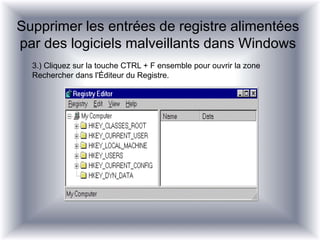 Supprimer les entrées de registre alimentées
par des logiciels malveillants dans Windows
3.) Cliquez sur la touche CTRL + F ensemble pour ouvrir la zone
Rechercher dans l'Éditeur du Registre.
 