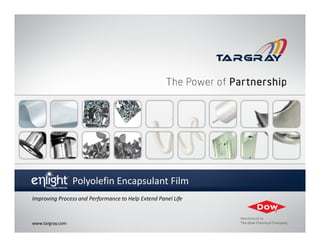 Polyolefin Encapsulant Film
Improving Process and Performance to Help Extend Panel Life


                                                              Manufactured by
www.targray.com                                               The Dow Chemical Company
 