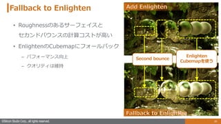 25
©Silicon Studio Corp., all rights reserved.
Fallback to Enlighten
• Roughnessのあるサーフェイスと
セカンドバウンスの計算コストが⾼い
• EnlightenのCubemapにフォールバック
– パフォーマンス向上
– クオリティは維持
Enlighten
Cubemapを使う
Second bounce
 
