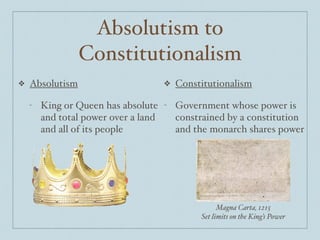 Absolutism to
Constitutionalism
❖ Absolutism$
- King or Queen has absolute
and total power over a land
and all of its people
❖ Constitutionalism$
- Government whose power is
constrained by a constitution
and the monarch shares power
Magna Carta, 1215!
Set limits on the King’s Power
 