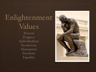 Enlightenment
Values
Reason$
Progress$
Individualism$
Secularism$
Humanism$
Freedom$
Equality
 