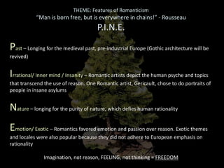 THEME: Features of Romanticism
“Man is born free, but is everywhere in chains!” - Rousseau
P.I.N.E.
Past – Longing for the medieval past, pre-industrial Europe (Gothic architecture will be
revived)
Irrational/ Inner mind / Insanity – Romantic artists depict the human psyche and topics
that transcend the use of reason. One Romantic artist, Gericault, chose to do portraits of
people in insane asylums
Nature – longing for the purity of nature, which defies human rationality
Emotion/ Exotic – Romantics favored emotion and passion over reason. Exotic themes
and locales were also popular because they did not adhere to European emphasis on
rationality
Imagination, not reason, FEELING, not thinking = FREEDOM
 