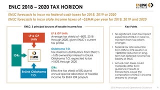 ENLC 2018 – 2020 TAX HORIZON
ENLC forecasts to incur no federal cash taxes for 2018, 2019 or 2020
ENLC forecasts to incur state income taxes of ~$2MM per year for 2018, 2019 and 2020
2018 Financial and Operational Guidance 9
LP & GP Units
Average tax shield of ~80%, 2018
through 2020, given ENLC’s current
tax profile
Oklahoma T.O.
Tax shield on distributions from ENLC’s
~16% ownership interest in EnLink
Oklahoma T.O. expected to be
>100% through 2020
IDRs
Effective tax shield of 0% due to
annual special allocation of taxable
income for ENLK IDR payouts
 No significant cash tax impact
expected at ENLC in near-to-
mid term from tax reform
changes
 Federal tax rate reduction
from 35% to 21% results in a
~$200MM reduction in long-
term net deferred income tax
liability at ENLC
 Actual cash taxes could
materially differ from
guidance if results or
transactions cause the
composition of ENLC’s income
streams to change
ENLC: 3 principal sources of taxable income/loss
EnLink Oklahoma
T.O.
IDRs
LP & GP
Units
Key Points
 