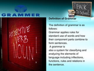 <ul><li>Definition of Grammar </li></ul><ul><li>The definition of grammar is as  </li></ul><ul><li>follows:  </li></ul><ul...