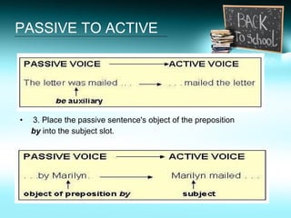 PASSIVE TO ACTIVE <ul><li>  3. Place the passive sentence's object of the preposition  </li></ul><ul><li>by  into the subj...