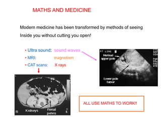 MATHS AND MEDICINE
Modern medicine has been transformed by methods of seeing
Inside you without cutting you open!
• Ultra sound: sound waves
• MRI: magnetism
• CAT scans: X rays
ALL USE MATHS TO WORK!!
 