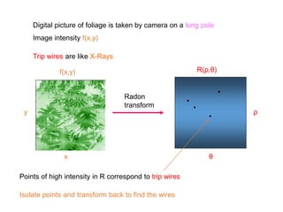 Digital picture of foliage is taken by camera on a long pole
Image intensity f(x,y)
•
•
•
•
Trip wires are like X-Rays
Radon
transform
x
y
f(x,y) R(ρ,θ)
Points of high intensity in R correspond to trip wires
θ
ρ
Isolate points and transform back to find the wires
 