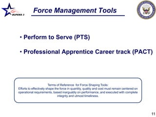 BUPERS 3
               Force Management Tools


     • Perform to Serve (PTS)

     • Professional Apprentice Career track (PACT)




                            Terms of Reference for Force Shaping Tools:
    Efforts to effectively shape the force in quantity, quality and cost must remain centered on
    operational requirements, based inarguably on performance, and executed with complete
                                   integrity and utmost timeliness.




                                                                                                   11
 