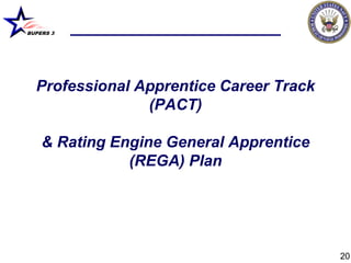 BUPERS 3




  Professional Apprentice Career Track
                (PACT)

    & Rating Engine General Apprentice
               (REGA) Plan




                                         20
 