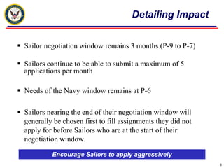 Detailing Impact


 Sailor negotiation window remains 3 months (P-9 to P-7)

 Sailors continue to be able to submit a maximum of 5
  applications per month

 Needs of the Navy window remains at P-6

 Sailors nearing the end of their negotiation window will
  generally be chosen first to fill assignments they did not
  apply for before Sailors who are at the start of their
  negotiation window.

            Encourage Sailors to apply aggressively
                                                               8
 