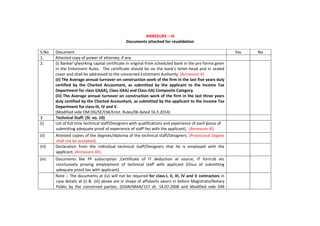 ANNEXURE – IX
Documents attached for revalidation
S.No. Document Yes No
1. Attested copy of power of attorney, if any
2. (i) Banker’s/working capital certificate in original from scheduled bank in the pro forma given
in the Enlistment Rules. The certificate should be on the bank’s letter-head and in sealed
cover and shall be addressed to the concerned Enlistment Authority. (Annexure-V)
(ii) The Average annual turnover on construction work of the firm in the last five years duly
certified by the Charted Accountant, as submitted by the applicant to the Income Tax
Department for class I(AAA), Class I(AA) and Class I(A) Composite Category.
(iii) The Average annual turnover on construction work of the firm in the last three years
duly certified by the Charted Accountant, as submitted by the applicant to the Income Tax
Department for class-III, IV and V.
(Modified vide OM DG/SE/CM/Enlst. Rules/06 dated 16.5.2014)
3 Technical Staff: (Sl. no. 10)
(i) List of full time technical staff/Designers with qualifications and experience of each (onus of
submitting adequate proof of experience of staff lies with the applicant). (Annexure-XI)
(ii) Attested copies of the degrees/diploma of the technical staff/Designers. (Provisional Degree
shall not be accepted).
(iii) Declaration from the individual technical staff/Designers that he is employed with the
applicant. (Annexure-XII).
(iv) Documents like PF subscription ,Certificate of IT deduction at source, IT form16 etc
conclusively proving employment of technical staff with applicant (Onus of submitting
adequate proof lies with applicant)
Note :- The documents at (iv) will not be required for class-I, II, III, IV and V contractors in
case details at (i) & (iii) above are in shape of affidavits sworn in before Magistrate/Notary
Public by the concerned parties. (DGW/MAN/157 dt. 14.07.2008 and Modified vide OM
 