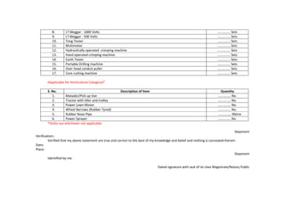 8. LT Meggar - 1000 Volts .............. Sets
9. LT Meggar - 500 Volts .............. Sets
10. Tong Tester .............. Sets
11. Multimeter .............. Sets
12. Hydraulically operated crimping machine .............. Sets
13. Hand operated crimping machine .............. Sets
14. Earth Tester .............. Sets
15. Portable Drilling machine .............. Sets
16. Over head conduit puller .............. Sets
17. Core cutting machine .............. Sets
(Applicable for Horticulture Category)*
S. No. Description of Item Quantity
1. Matador/Pick up Van .............. No.
2. Tractor with tiller and trolley .............. No.
3. Power Lawn Mover .............. No.
4. Wheel Barrows (Rubber Tyred) .............. No.
5. Rubber Nose Pipe .............. Metre
6. Power Sprayer .............. No.
*Strike out whichever not applicable.
Deponent
Verification:-
Verified that my above statement are true and correct to the best of my knowledge and belief and nothing is concealed therein.
Date:
Place:
Deponent
Identified by me
Dated signature with seal of Ist class Magistrate/Notary Public
 