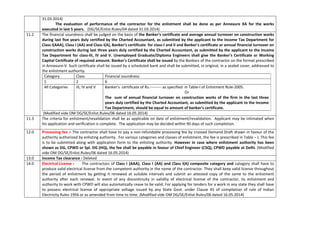 31.03.2014)
The evaluation of performance of the contractor for the enlistment shall be done as per Annexure XA for the works
executed in last 5 years. (DG/SE/Enlist.Rules/04 dated 31.03.2014)
11.2 The financial soundness shall be judged on the basis of the Banker’s certificate and average annual turnover on construction works
during last five years duly certified by the Charted Accountant, as submitted by the applicant to the Income Tax Department for
Class I(AAA), Class I (AA) and Class I(A), Banker’s certificate for class-I and II and Banker’s certificate or annual financial turnover on
construction works during last three years duly certified by the Charted Accountant, as submitted by the applicant to the Income
Tax Department for class-III, IV and V. Unemployed Graduate/Diploma Engineers shall give the Banker's Certificate or Working
Capital Certificate of required amount. Banker's Certificate shall be issued by the Bankers of the contractor on the format prescribed
in Annexure-V. Such certificate shall be issued by a scheduled bank and shall be submitted, in original, in a sealed cover, addressed to
the enlistment authority.
Category Class Financial soundness
1 2 6
All Categories III, IV and V Banker’s certificate of Rs.--------- as specified in Table-I of Enlistment Rule-2005.
Or
The sum of annual financial turnover on construction works of the firm in the last three
years duly certified by the Charted Accountant, as submitted by the applicant to the Income
Tax Department, should be equal to amount of banker's certificate.
(Modified vide OM DG/SE/Enlist.Rules/06 dated 16.05.2014)
11.3 The criteria for enlistment/revalidation shall be as applicable on date of enlistment/revalidation. Applicant may be intimated when
his application and verification is complete. The application may be decided within 90 days of such completion.
12.0 Processing fee – The contractor shall have to pay a non-refundable processing fee by crossed Demand Draft drawn in favour of the
authority authorized by enlisting authority. For various categories and classes of enlistment, the fee is prescribed in Table – I. This fee
is to be submitted along with application form to the enlisting authority. However in case where enlistment authority has been
shown as DG, CPWD or Spl. DG (HQ), the fee shall be payable in favour of Chief Engineer (CSQ), CPWD payable at Delhi. (Modified
vide OM DG/SE/Enlist.Rules/06 dated 16.05.2014)
13.0 Income Tax clearance : Deleted
14.0 Electrical License - The contractors of Class I (AAA), Class I (AA) and Class I(A) composite category and category shall have to
produce valid electrical license from the competent authority in the name of the contractor. They shall keep valid license throughout
the period of enlistment by getting it renewed at suitable intervals and submit an attested copy of the same to the enlistment
authority after each renewal. In event of any discontinuity in validity of electrical license of the contractor, its enlistment and
authority to work with CPWD will also automatically cease to be valid. For applying for tenders for a work in any state they shall have
to possess electrical license of appropriate voltage issued by any State Govt. under Clause 45 of compilation of rule of Indian
Electricity Rules 1956 or as amended from time to time. (Modified vide OM DG/SE/Enlist.Rules/06 dated 16.05.2014)
 