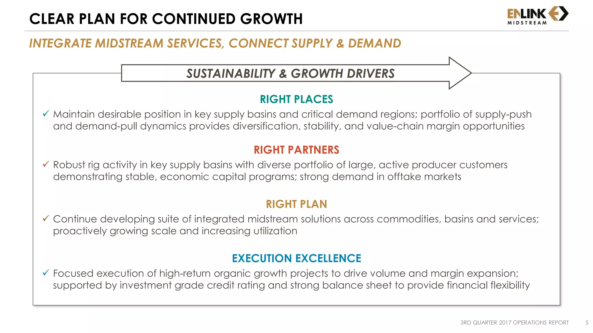 RIGHT PLACES
 Maintain desirable position in key supply basins and critical demand regions; portfolio of supply-push
and demand-pull dynamics provides diversification, stability, and value-chain margin opportunities
RIGHT PARTNERS
 Robust rig activity in key supply basins with diverse portfolio of large, active producer customers
demonstrating stable, economic capital programs; strong demand in offtake markets
RIGHT PLAN
 Continue developing suite of integrated midstream solutions across commodities, basins and services;
proactively growing scale and increasing utilization
EXECUTION EXCELLENCE
 Focused execution of high-return organic growth projects to drive volume and margin expansion;
supported by investment grade credit rating and strong balance sheet to provide financial flexibility
3RD QUARTER 2017 OPERATIONS REPORT 5
INTEGRATE MIDSTREAM SERVICES, CONNECT SUPPLY & DEMAND
CLEAR PLAN FOR CONTINUED GROWTH
SUSTAINABILITY & GROWTH DRIVERS
 