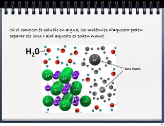 Si el compost és soluble en aigua, les molècules d’aquesta poden
separar els ions i així aquests es poden moure.


       H20$
                                                       Ions%lliures%




                                                                       16
 
