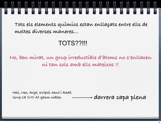 Tots els elements químics estan enllaçats entre ells de
  moltes diverses maneres...

                             TOTS??!!!

No, ben mirat, un grup irreductible d’àtoms no s’enllacen
            ni tan sols amb ells mateixos !!



 Heli, Neo, Argó, Kriptó; Xenó i Radó.
 Grup 18 (VIII A) gasos nobles.          darrera capa plena


                                                              3
 