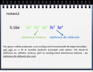 Notació


     S:16e&'        1s 2$   2s2#   2p 6$
                                           3s 2$   3p 4$


                 electrons interns         electrons de valència

Els gasos nobles presenten una configuració anomenada de capes tancades:
ns2 np6 on n és el nombre quàntic principal més extern. Pot haver-hi
electrons en orbitals interns, però la configuració electrònica externa , els
electrons de valència són vuit.




                                                                                9
 