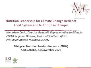 Better lives through livestock
Nutrition Leadership for Climate Change Resilient
Food System and Nutrition in Ethiopia
Namukolo Covic, Director General’s Representative to Ethiopia
CGIAR Regional Director, East and Southern Africa
President: African Nutrition Society
Ethiopian Nutrition Leaders Network (ENLN)
Addis Ababa, 23 November 2022
 